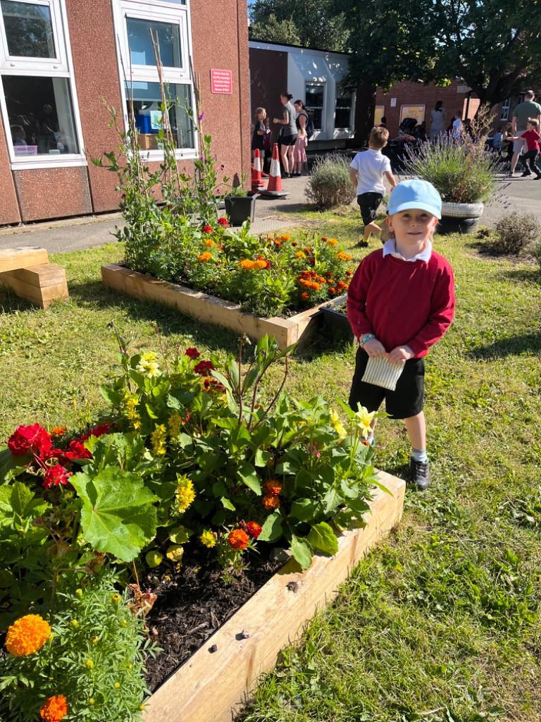 An ECO Team member enjoying our new sensory garden area before school. 